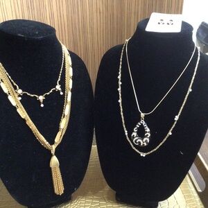 Lot of four Gold tone necklaces one signed SC and one vintage  signed Allen J.